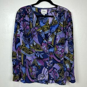 Dahan Vintage Silk Colorful Long Sleeve Blouse Top Size 14